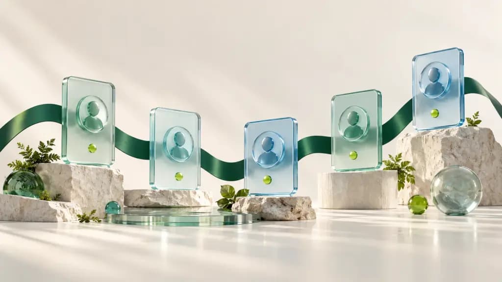 Five glass contact cards connected by a green sales pipeline ribbon