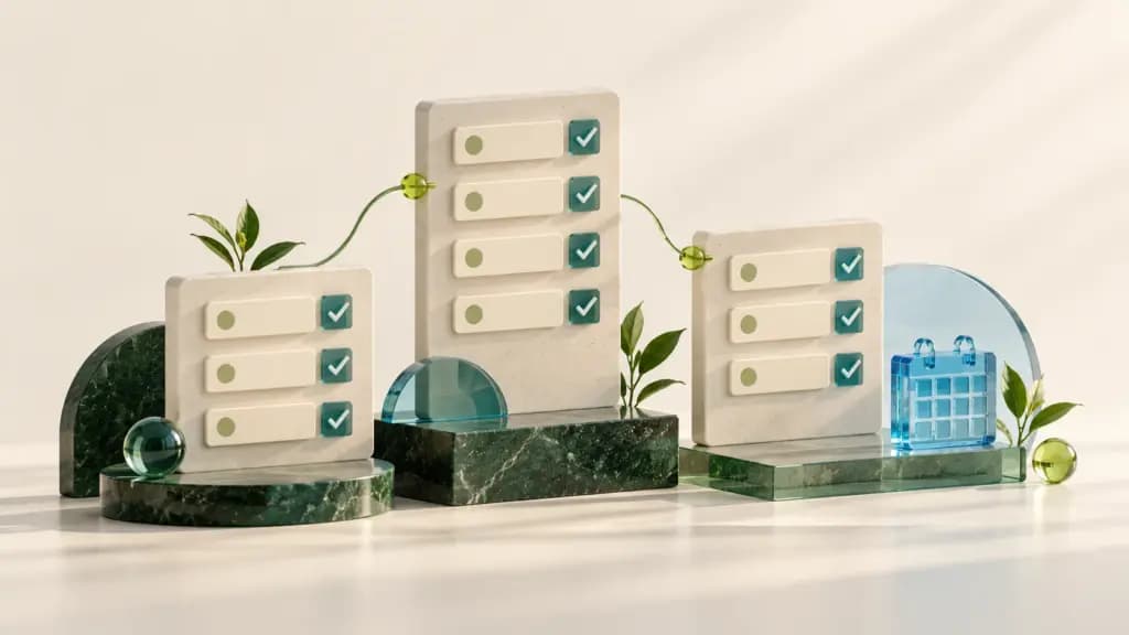 Task boards, checkmarks and calendar blocks representing coordinated team projects