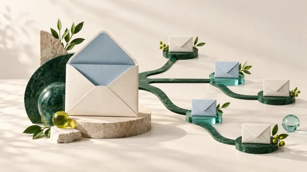 Ivory envelopes along branching green paths representing segmented email campaigns