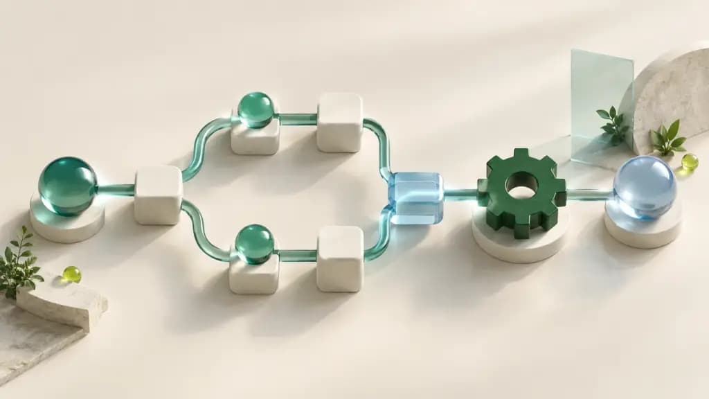 Connected glass nodes and a green gear representing branching business workflows