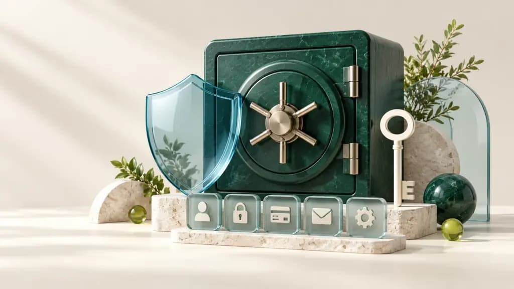 Green vault, blue shield, ivory key and credential tiles representing business password security