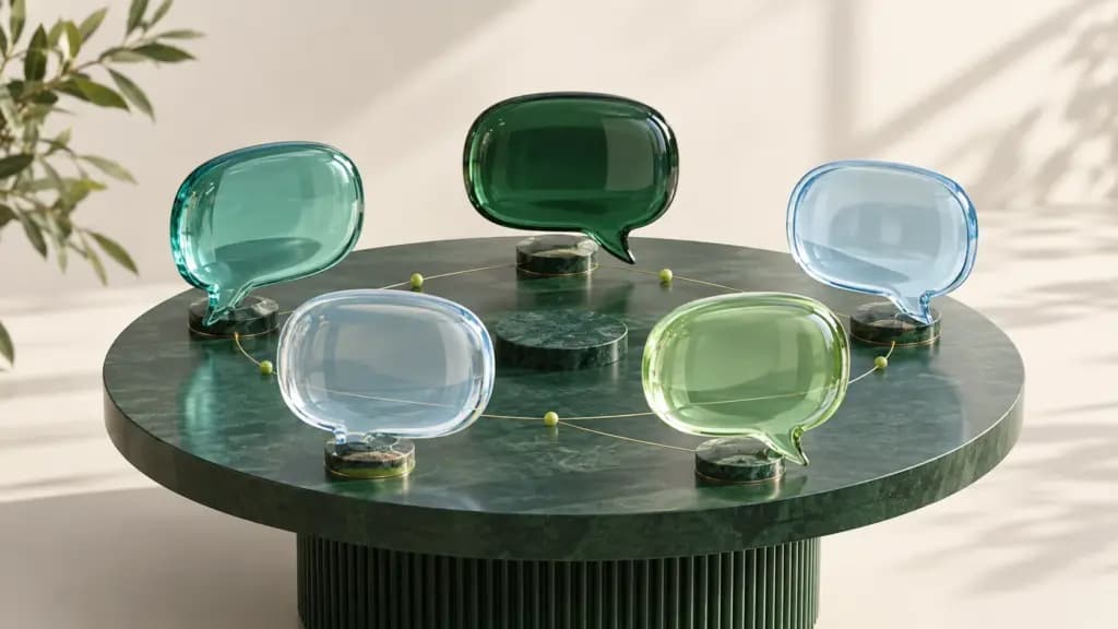 Glass conversation bubbles connected around a green shared table