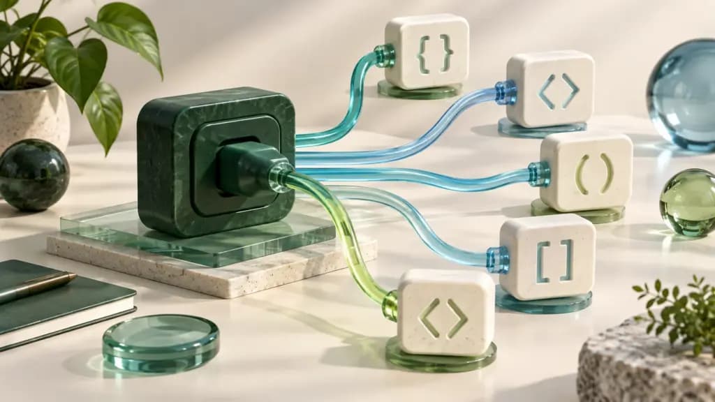 A green request plug connects to five ivory API response blocks through glass cables