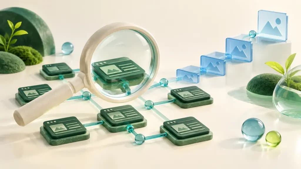A search lens examines connected green website tiles beside blue discovery steps