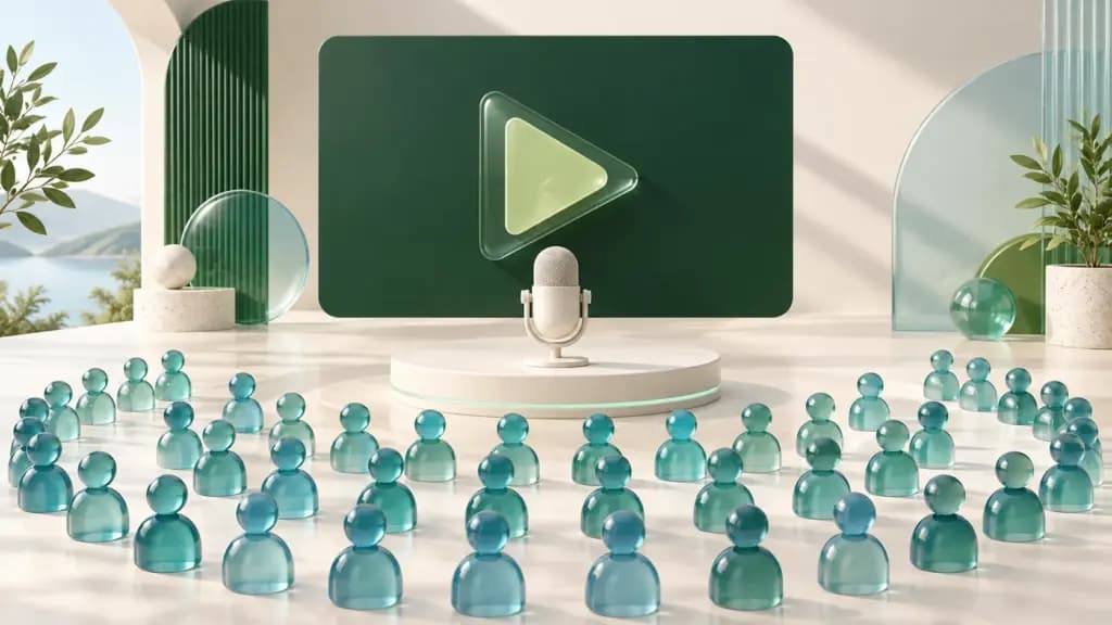 A microphone and green presentation screen face rows of abstract teal webinar audience figures