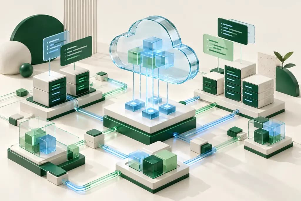 A glass cloud and modular server blocks connect across a light surface beside abstract code cards