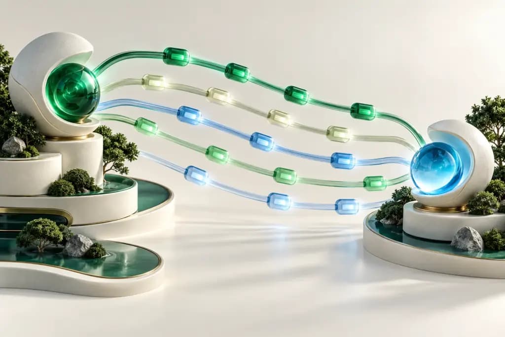 Green and blue message capsules travel along five paths between two sculptural service nodes