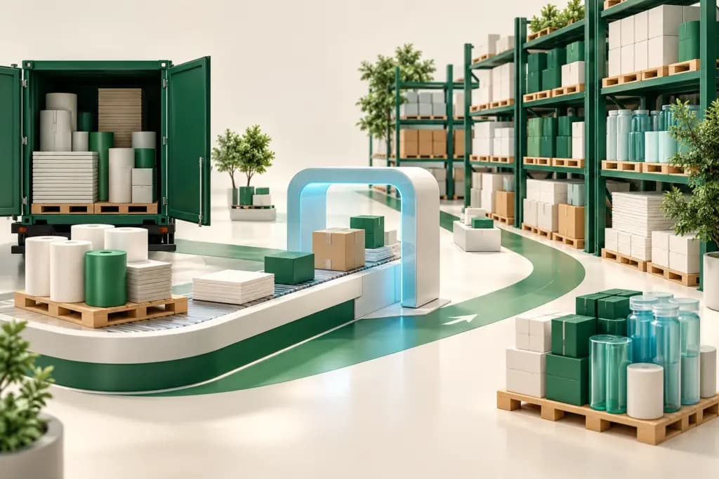 Ordered warehouse shelves, packages, and a scanning arch connect with a stock replenishment pathway