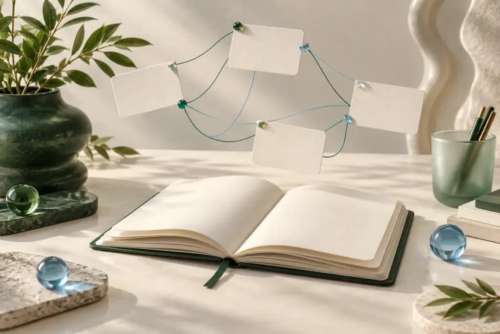Blank note cards linked by green and blue threads above an open notebook.