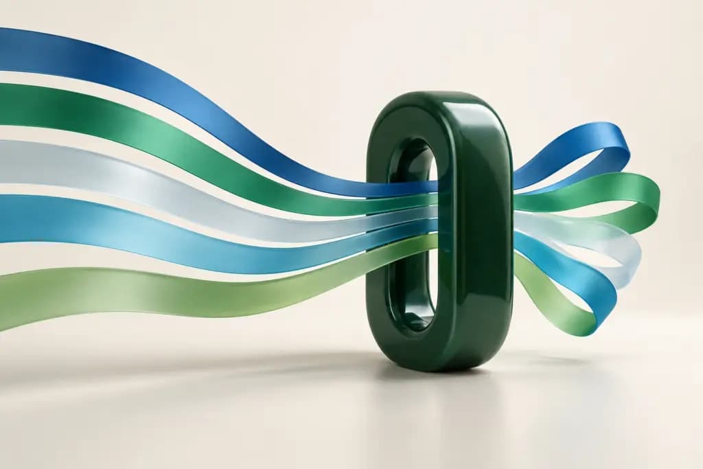 Green and blue ribbons form short loops through a dark green link portal.