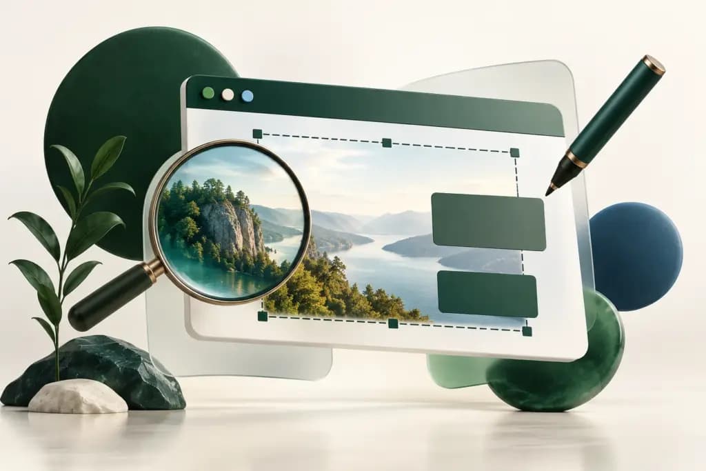 Conceptual screen capture frame with crop handles, annotation pen, magnifier, and privacy blocks.