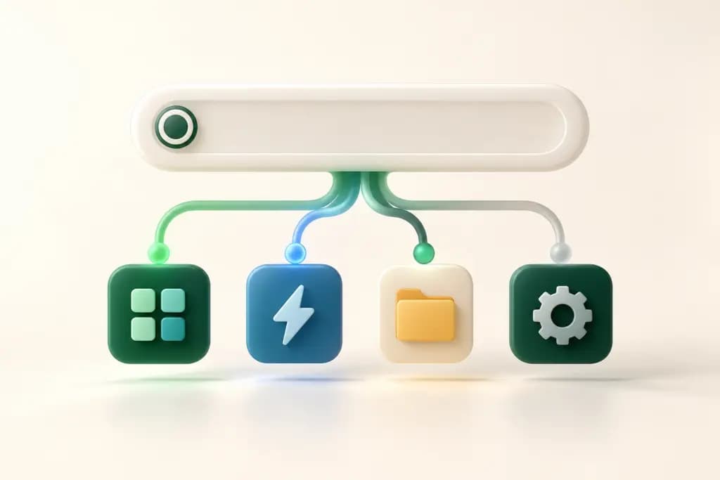 An ivory command bar connecting to app, action, folder, and settings tiles.