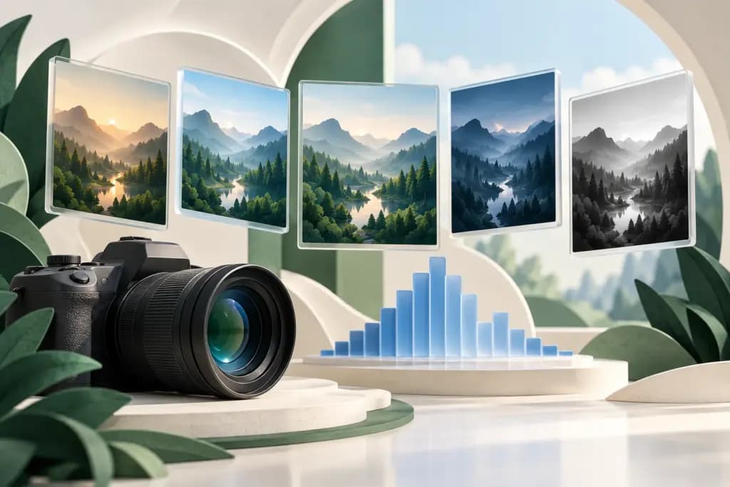 A camera beside five forest landscape frames with different tones and a blue sculptural histogram.