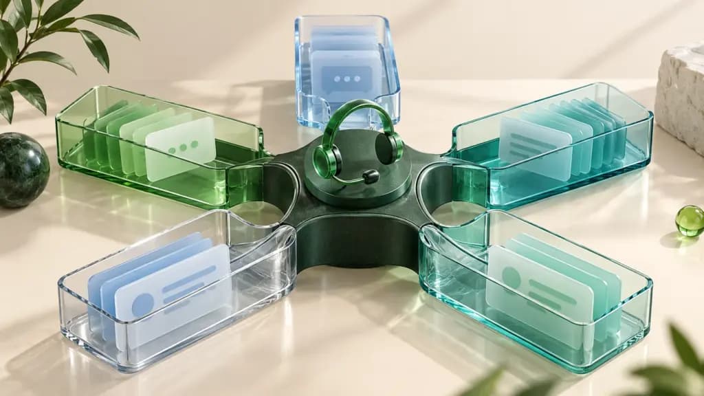 Translucent conversation trays arranged around a green customer support hub