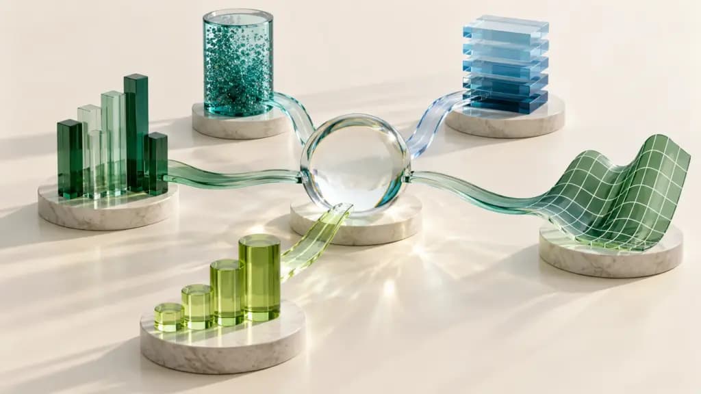 Glass data columns and a central lens illustrating business intelligence