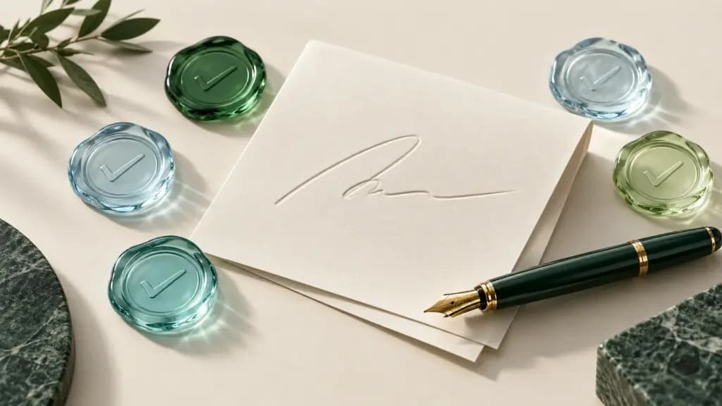 A sculptural document, pen and translucent seals illustrating electronic signatures