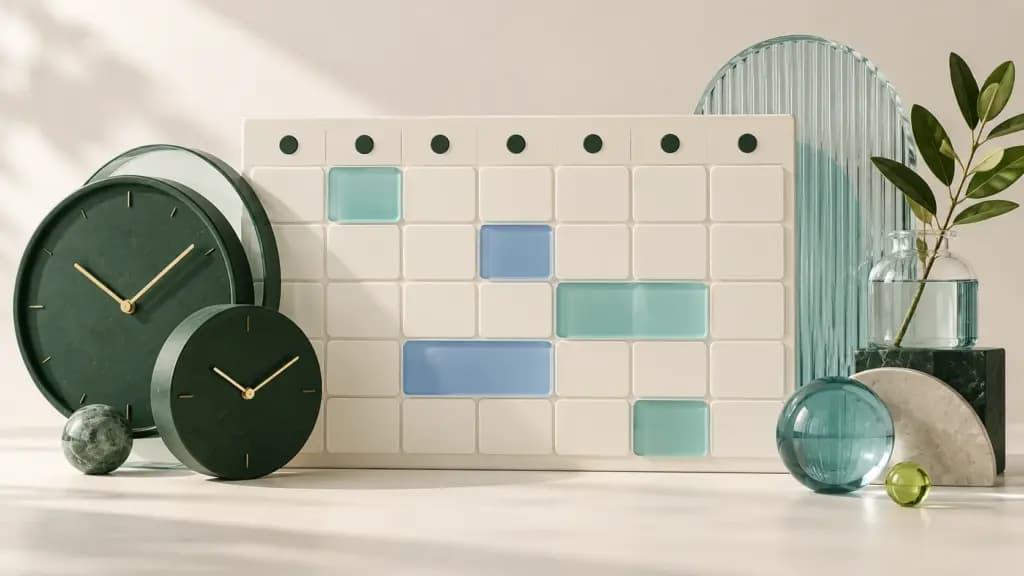 Abstract calendar tiles and green clock forms illustrating meeting scheduling