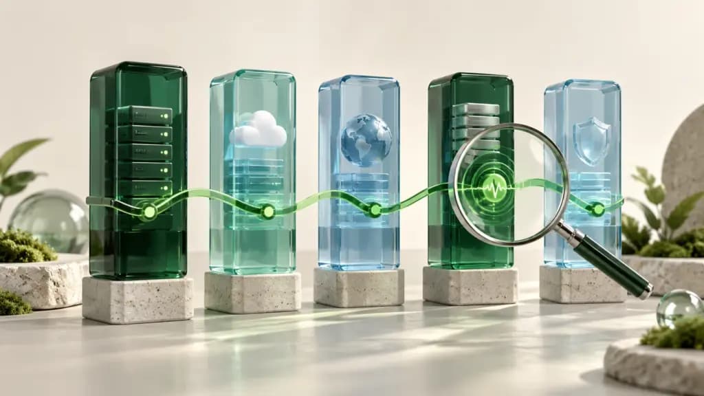 Five glass service towers connected by a green availability pulse