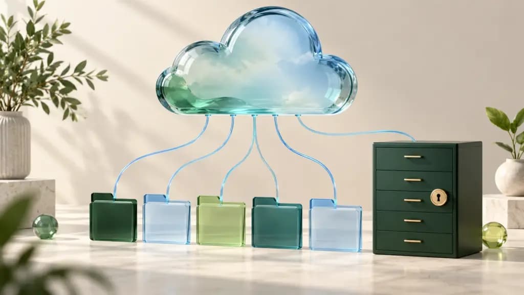 A glass cloud connecting business folders and a secure green file cabinet