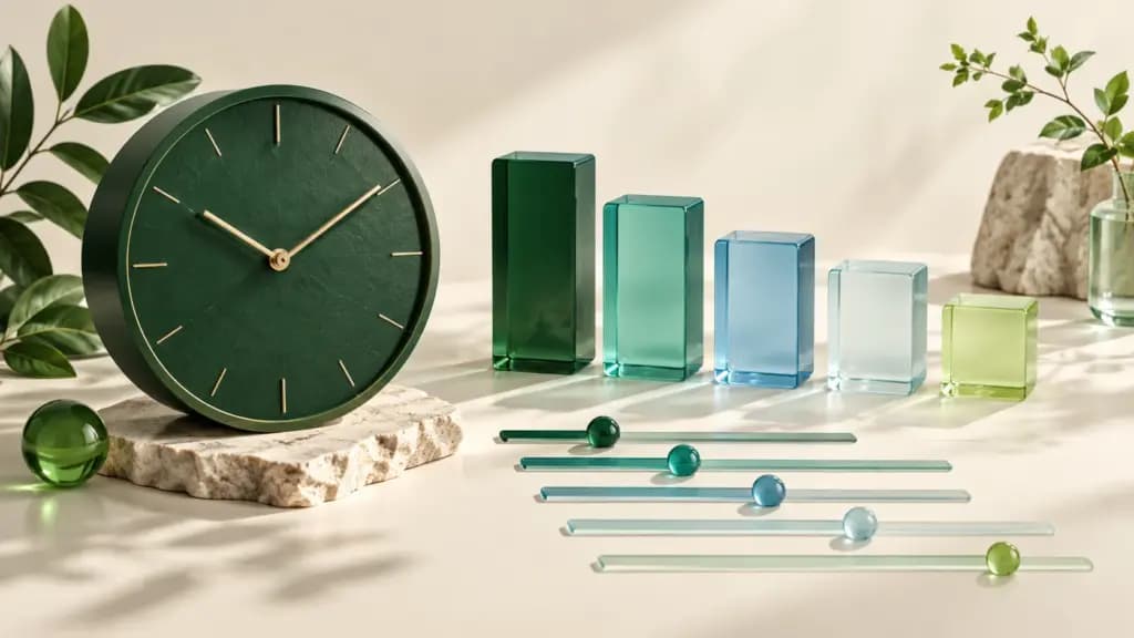 A green clock beside glass project blocks and time allocation tracks
