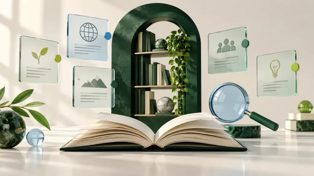 An open book with knowledge cards, a library arch and a search lens