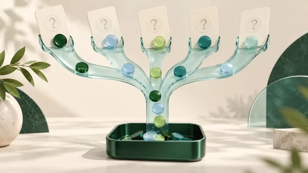 Five question cards send colored answer tokens through branching glass channels into a green collection tray