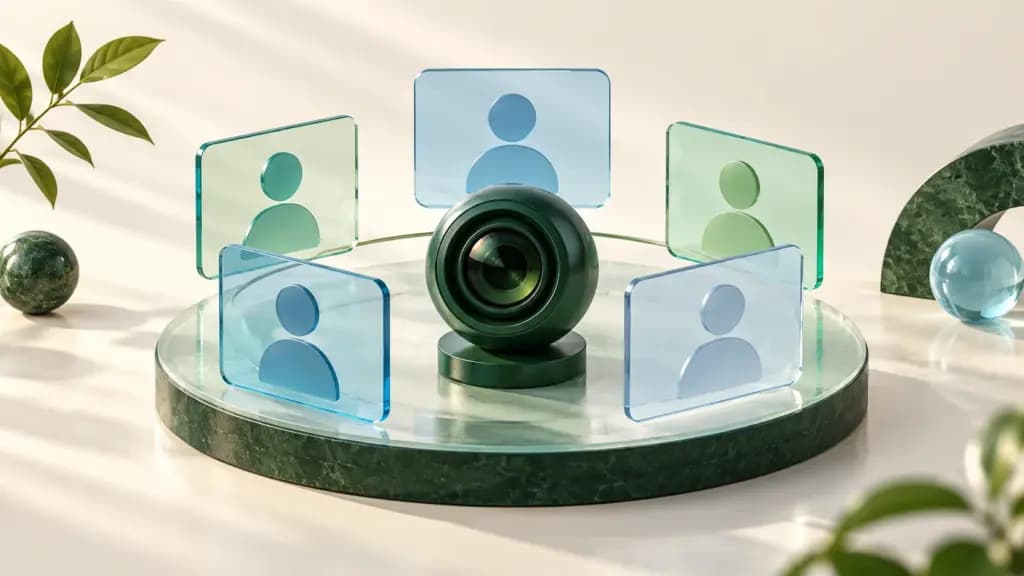 Five abstract video participant panels surround a green camera lens on a glass meeting table