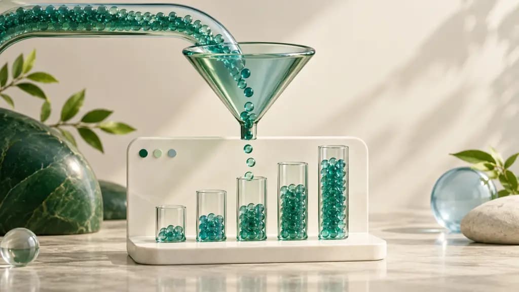 Teal traffic beads flow through a glass funnel into five chart columns on an ivory website panel