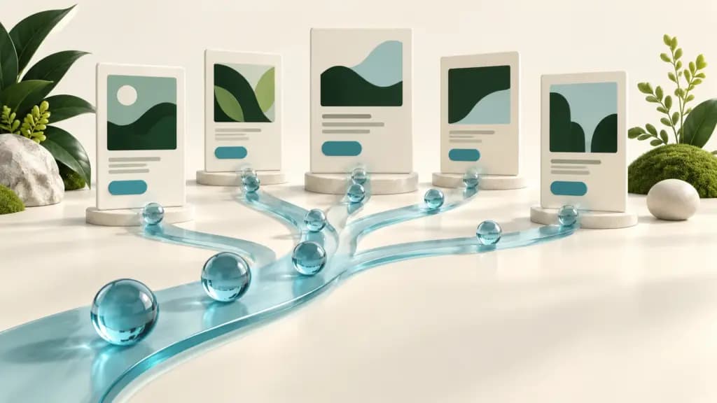 Five abstract landing page panels receive glass visitor beads along branching blue paths