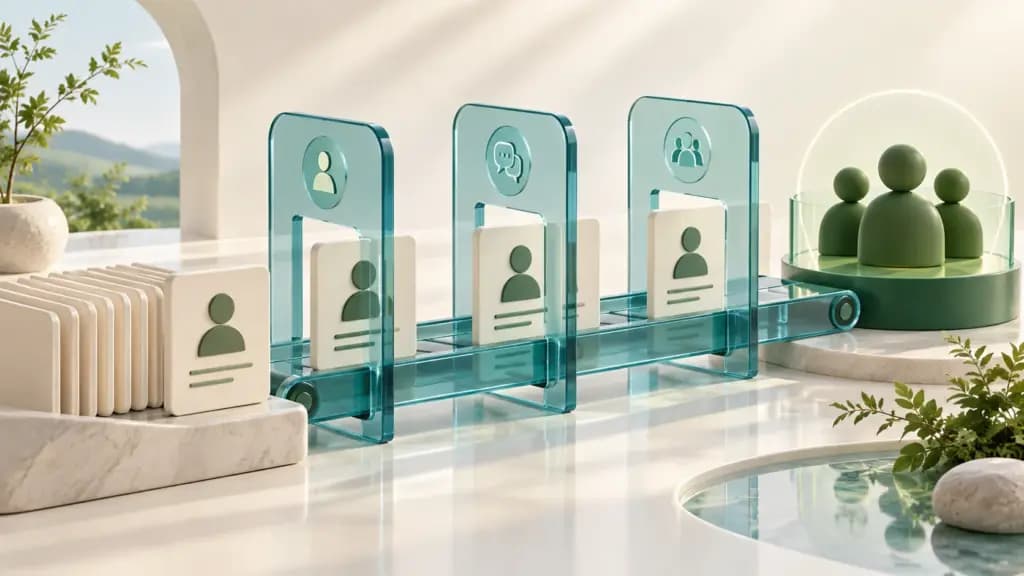 Candidate profile cards pass through teal interview gates toward an abstract green team
