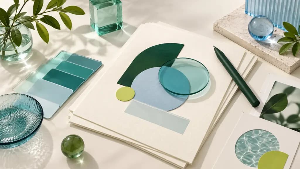 Forest-green and blue design shapes, color swatches and a stylus on ivory poster cards