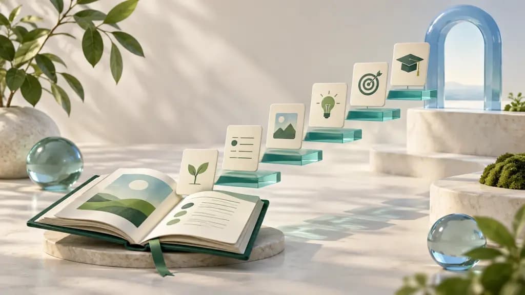 An open lesson book leads to learning cards on glass steps and a blue completion arch