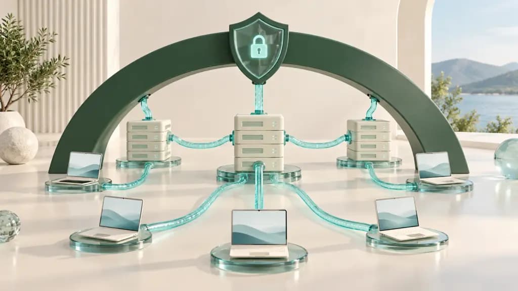 A forest-green protective arch connects ivory laptops and servers through teal glass cables