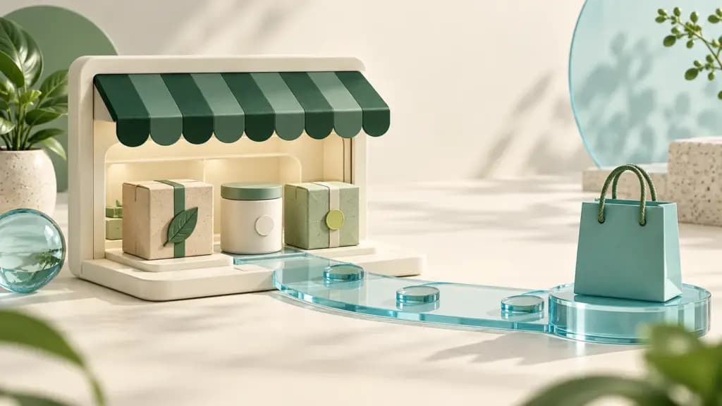 An ivory storefront with a green awning connects product parcels to a teal shopping bag