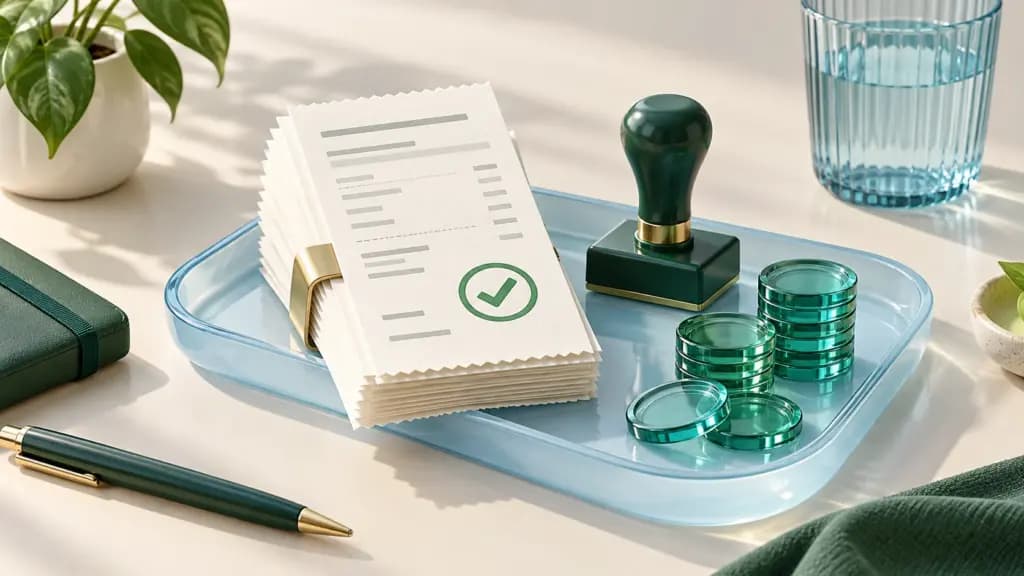 Ivory receipts, a green approval stamp and teal coins rest on a pale blue expense tray