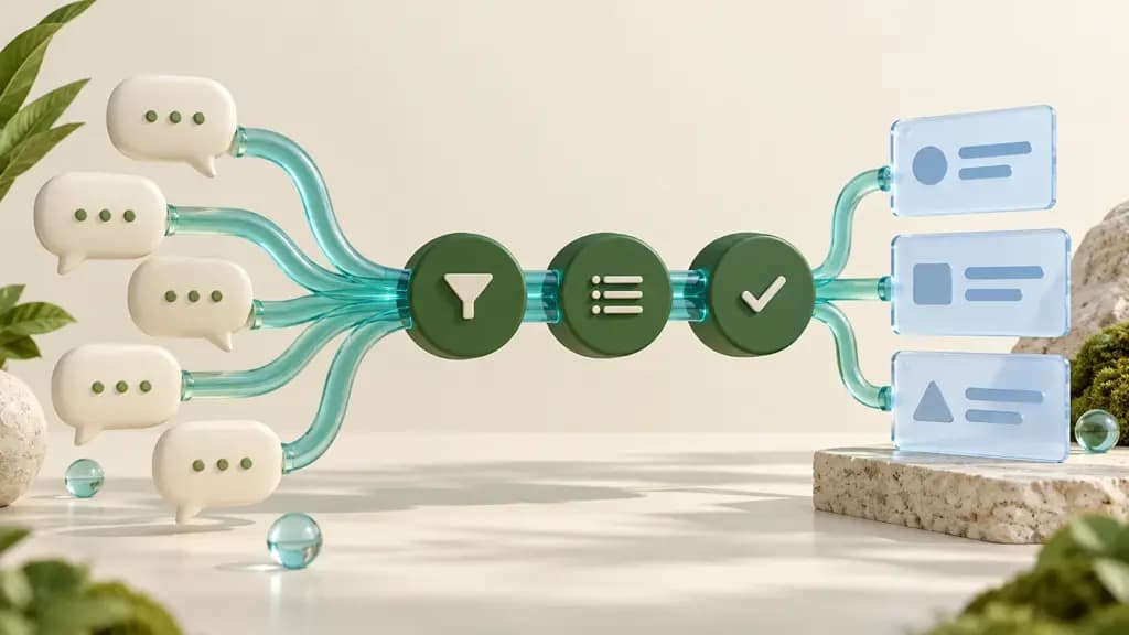 Ivory feedback bubbles connect through green prioritization symbols to blue feature cards