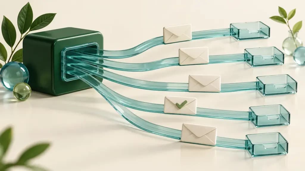 Five ivory envelopes travel from a forest-green application block along teal tracks into glass inboxes