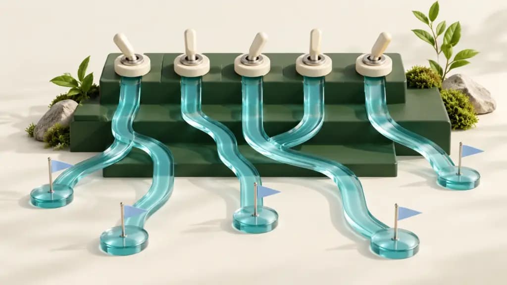 Ivory switches control teal rollout paths across a forest-green platform with pale-blue flags