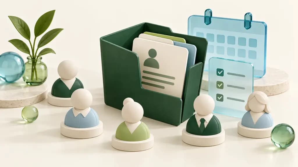 Five employee tokens surround a green personnel folder, glass calendar and onboarding checklist