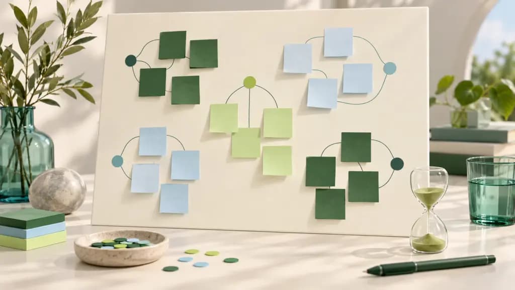An ivory workshop board holds blank green and blue sticky notes with connectors, voting dots and a timer