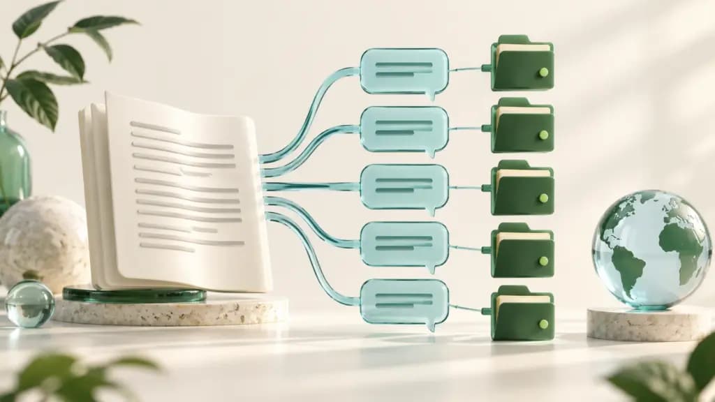 An ivory software document branches through teal speech bubbles into five green translation folders