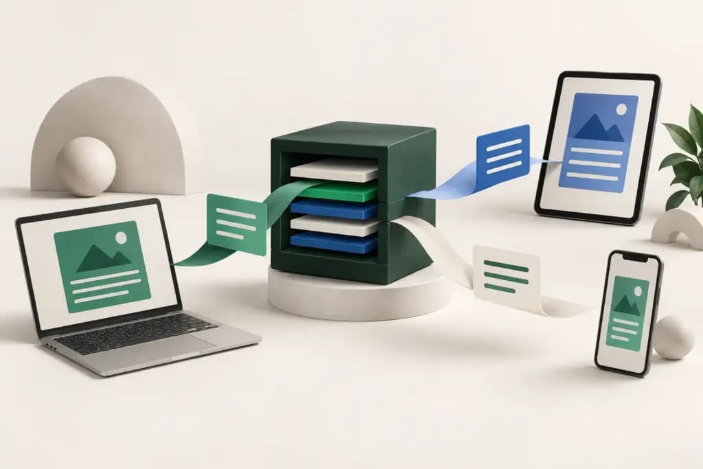 A forest-green content hub distributes green and blue cards to a laptop, tablet, and phone