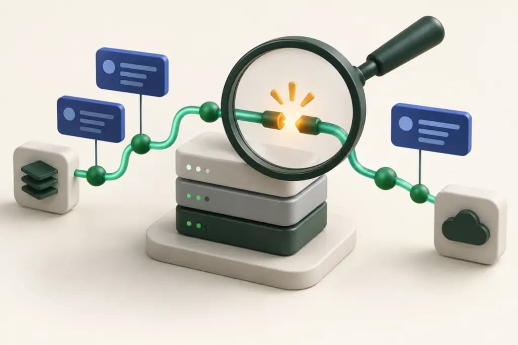 A magnifying glass highlights a broken connection between application event cards and software blocks