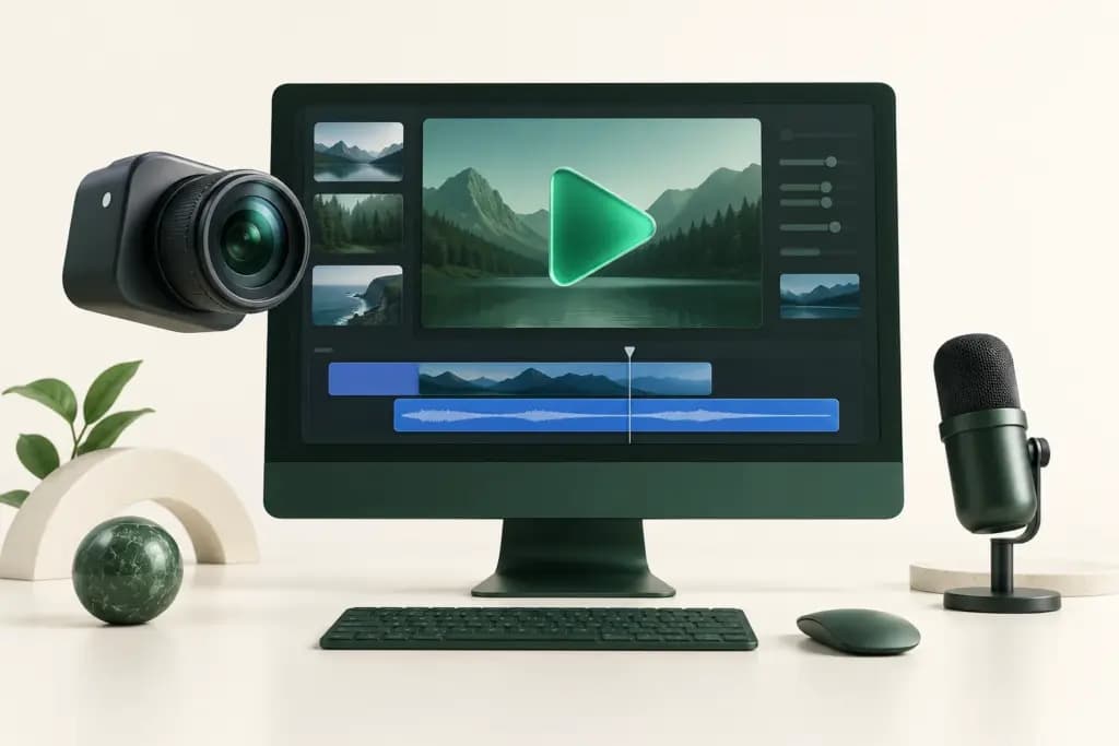 A forest-green display with a play symbol and editing timeline stands beside a camera and microphone