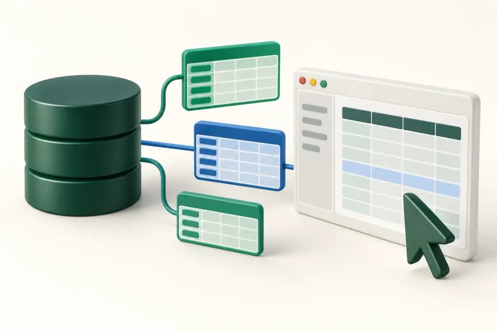 A forest-green database cylinder connects tabular data cards to a desktop window and cursor