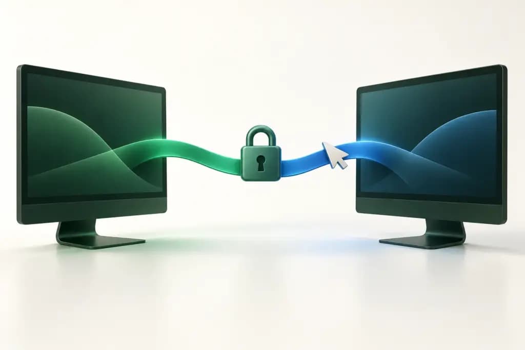 Two computer displays connect through a green and blue bridge with a lock and cursor