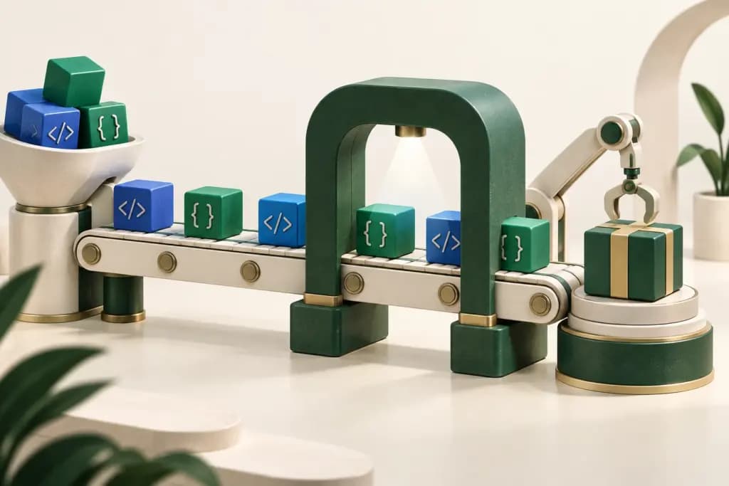 Code cubes move along a conveyor through a green inspection arch toward a finished package
