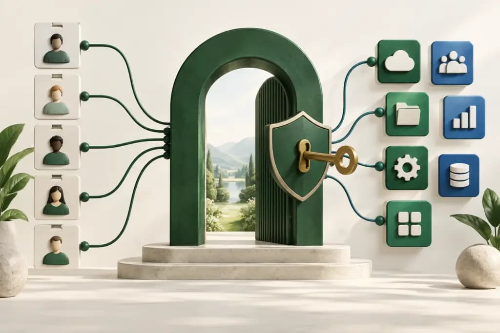 Employee identity cards connect through a secure green doorway to application tiles