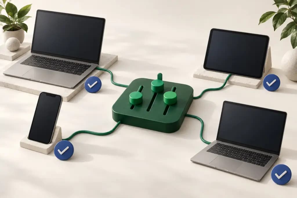 Laptops, a tablet and a phone connect to a green configuration hub with approval tokens