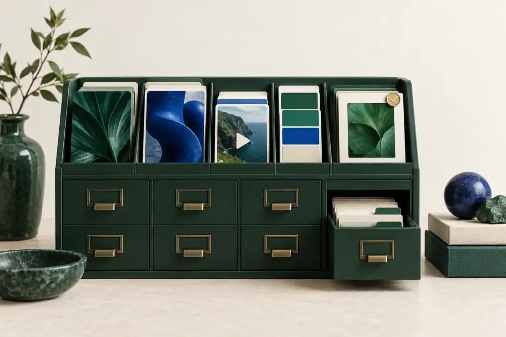 A green archive cabinet organizes image cards, video assets and brand color swatches
